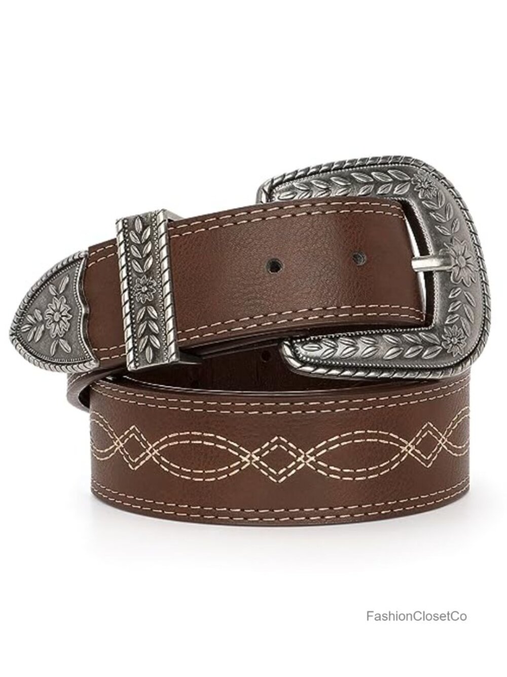 Western Leather Belt with Engraved Flower Buckle Adjustable Waist